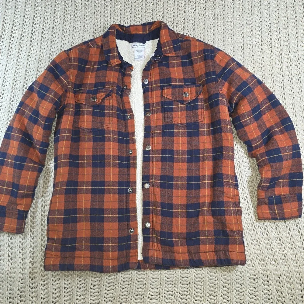 Tommy Bahama Kids Flannel Jacket Boys XXL (16) Plaid Sherpa Lined Orange & Blue